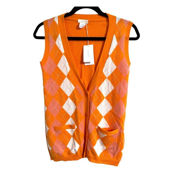 J. CREW 100% Cashmere Argyle Button Front Sweater Vest NEW Orange/Pink/White  XS - Picture 1 of 10